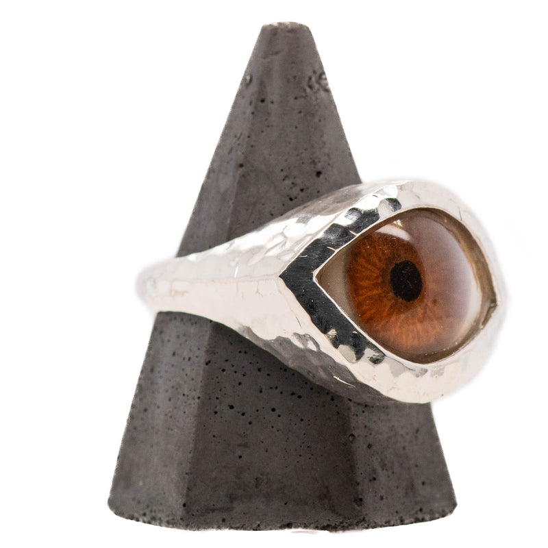 Hand Painted Brown Silver Hammered Eye Ring