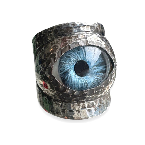 Thorns & Roses Hand Painted Blue Silver Eye Ring