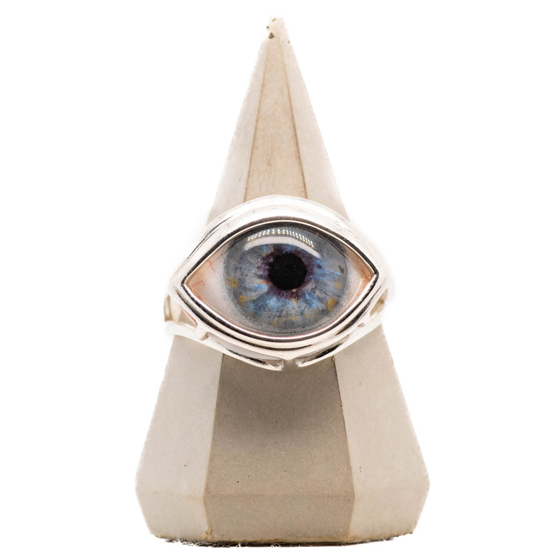 Hand Painted Blue Silver Skeleton Eye Ring