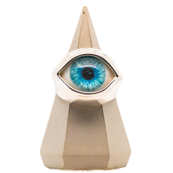 Hand Painted Bright Blue Silver Classic Eye Ring