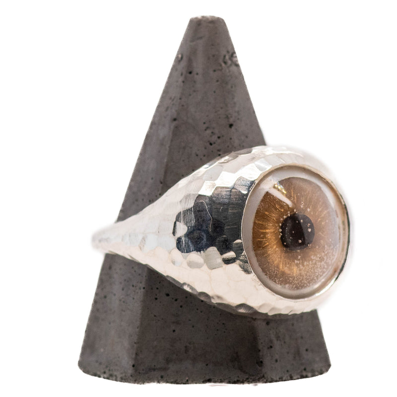 Hand Painted Brown Silver Hammered Bubble Eye Ring