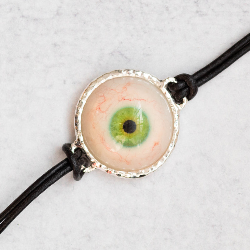 Hand Painted Green Silver Leather Eye Bracelet