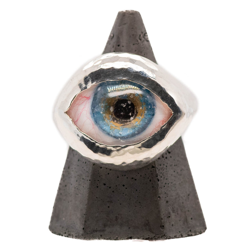 Hand Painted Blue Silver Hammered Eye Ring