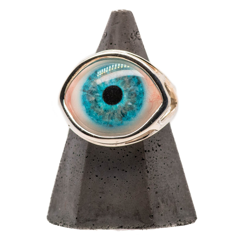 Hand Painted Blue Silver Wire Setting Eye Ring