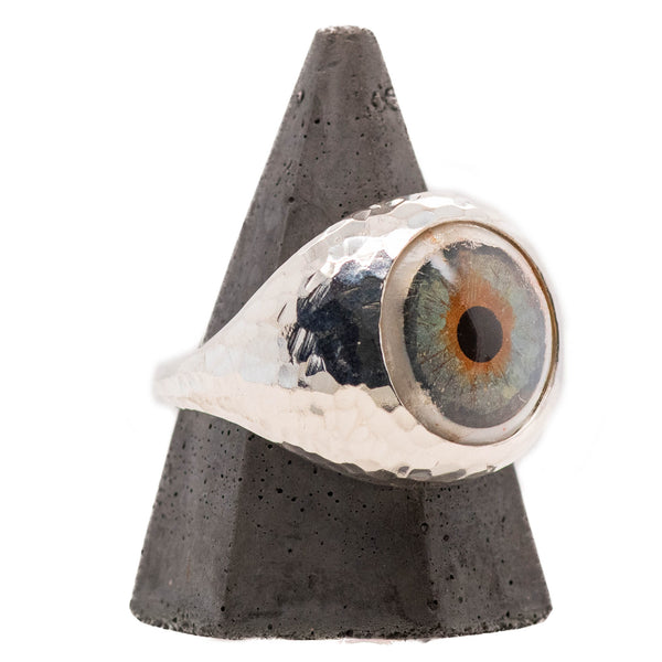 Hand Painted Blue Silver Hammered Bubble Eye Ring