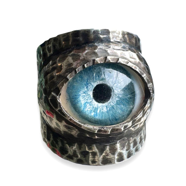 Thorns & Roses Hand Painted Blue Silver Eye Ring