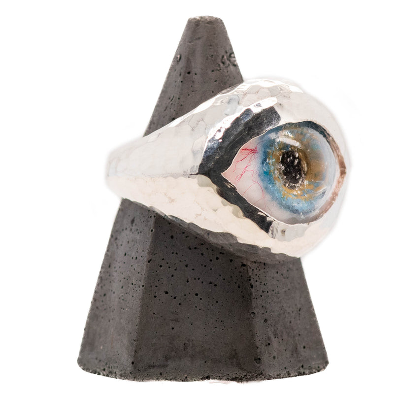 Hand Painted Blue Silver Hammered Eye Ring