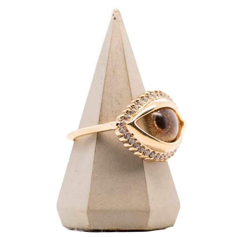 Hand Painted Brown Gold Dali Eye Ring with Moissanite Halo
