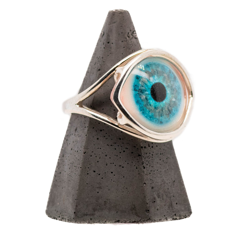 Hand Painted Blue Silver Wire Setting Eye Ring