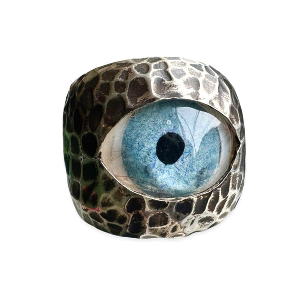 Thorns & Roses Hand Painted Blue Silver Eye Ring