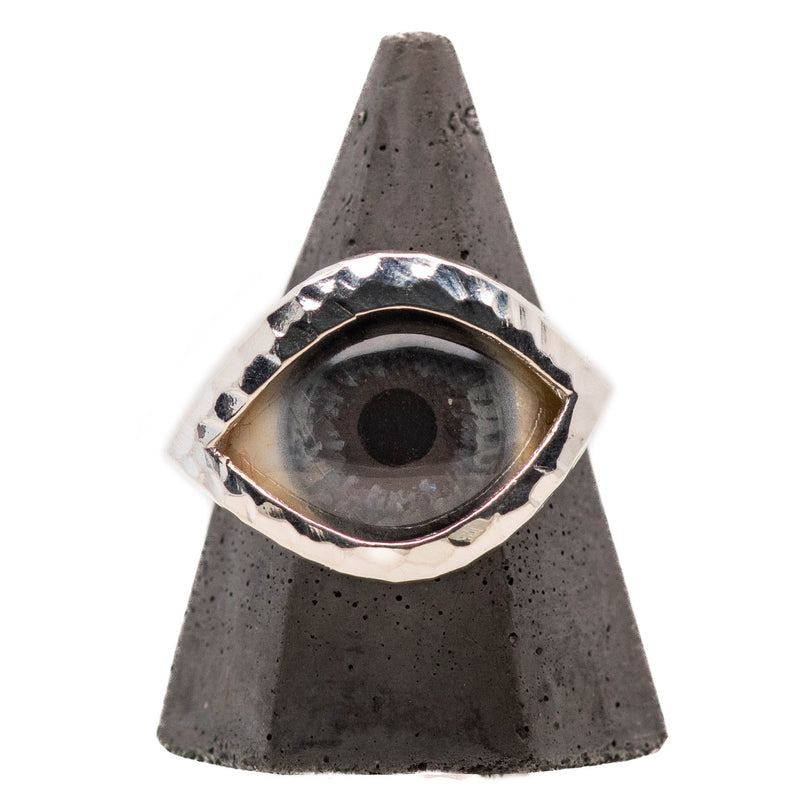 Hand Painted Blue Silver Hammered Eye Ring