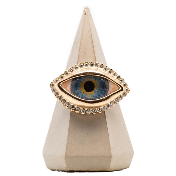 Hand Painted Blue Hazel Gold Dali Eye Ring with Moissanite Halo
