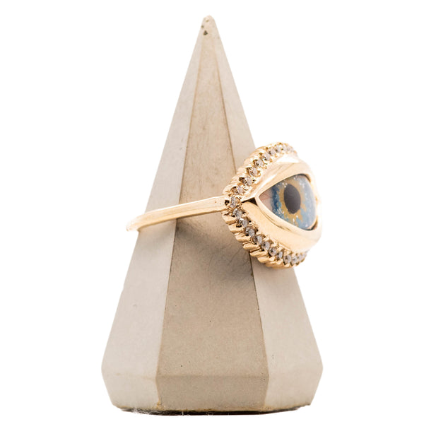 Hand Painted Blue Hazel Gold Dali Eye Ring with Moissanite Halo