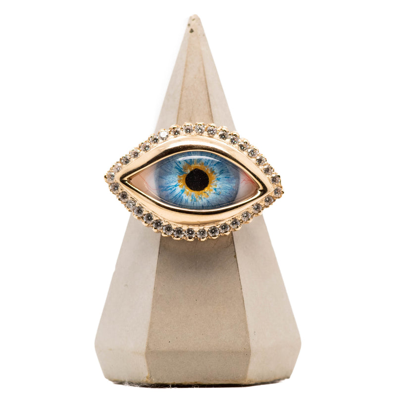 Hand Painted Blue Hazel Gold Dali Eye Ring with Moissanite Halo
