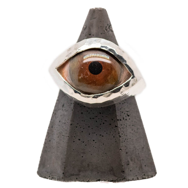 Hand Painted Brown Silver Hammered Eye Ring