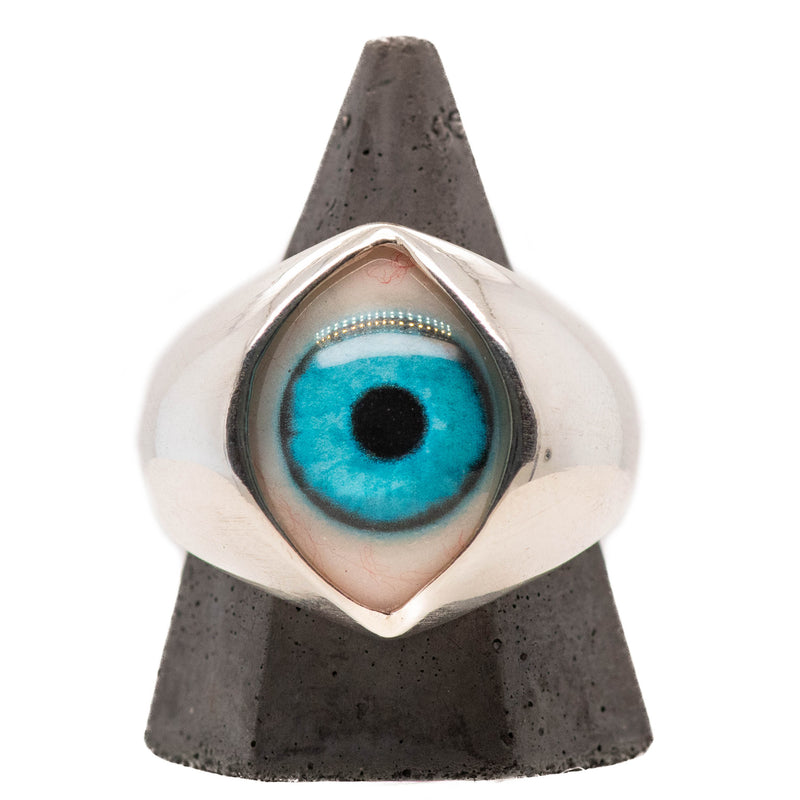 Hand Painted Bright Blue Silver King Eye Ring