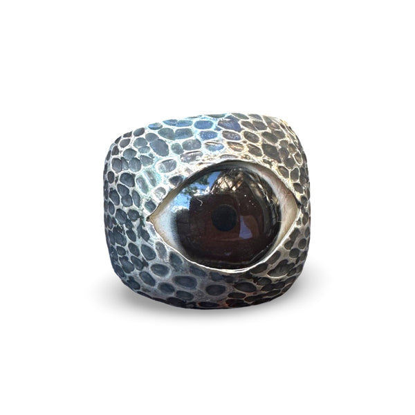 Thorns & Roses Hand Painted Brown Silver Eye Ring