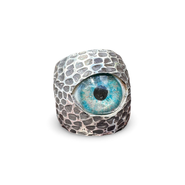 Thorns & Roses Hand Painted Blue Silver Eye Ring