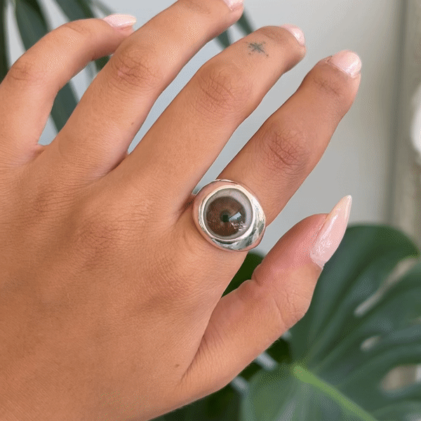 Hand Painted Blue Hazel Silver Bubble Eye Ring