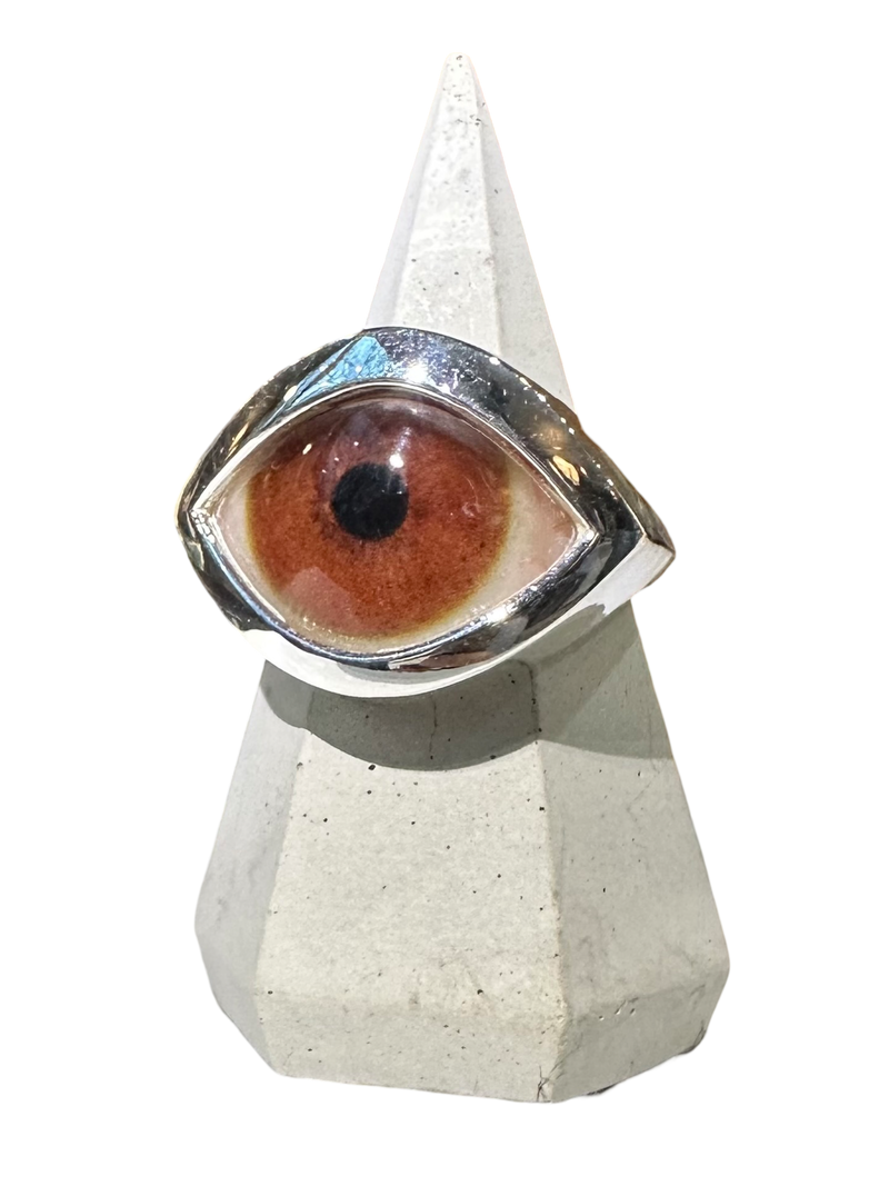 Hand Painted bright light brown Silver Eye Ring