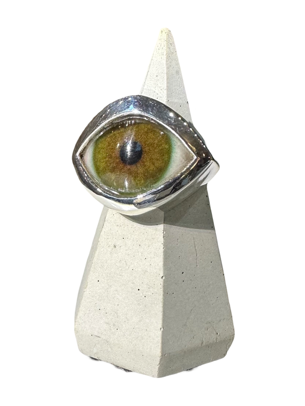 Hand Painted bright natural hazel Silver Eye Ring