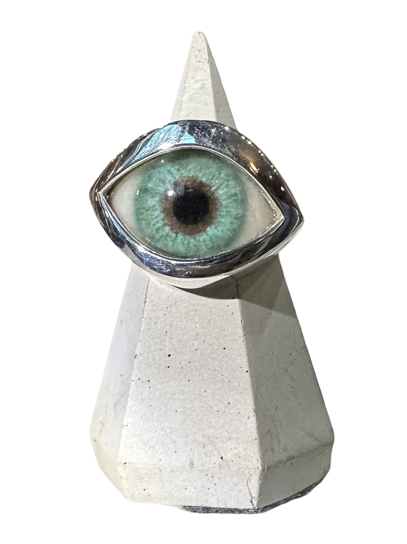 Hand Painted teal Silver Eye Ring