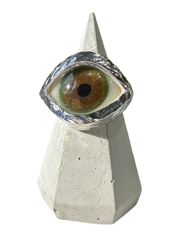 Hammered hand Painted brown hazel Silver Eye Ring