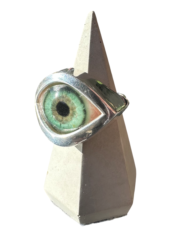 Hammered Hand Painted green teal Silver Eye Ring