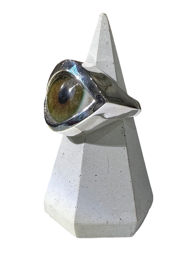 Hand Painted bright natural hazel Silver Eye Ring