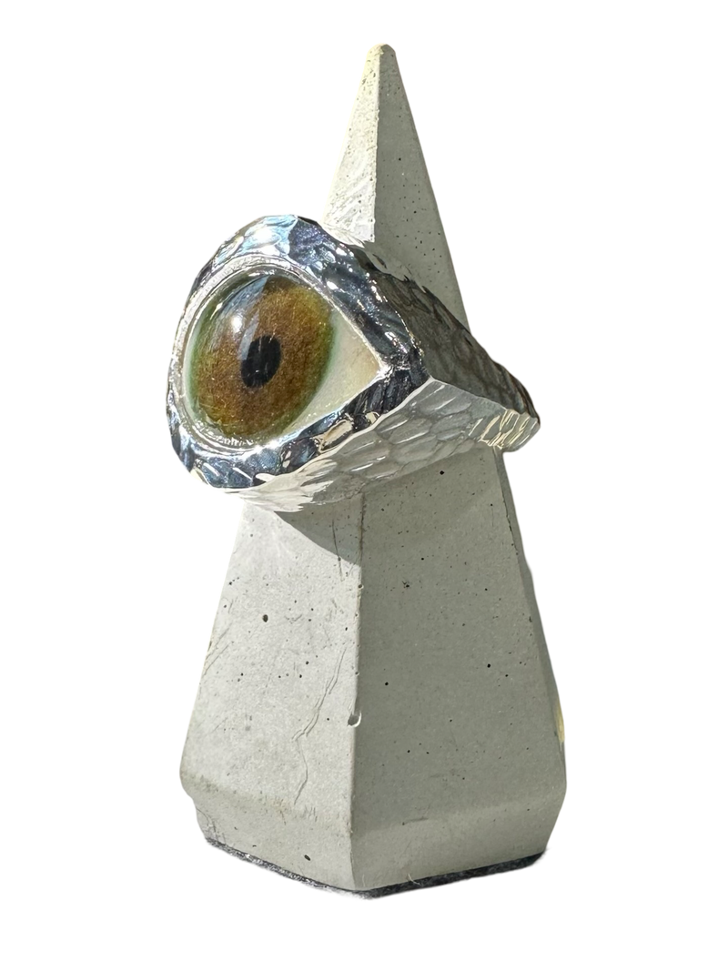 Hammered hand Painted brown hazel Silver Eye Ring