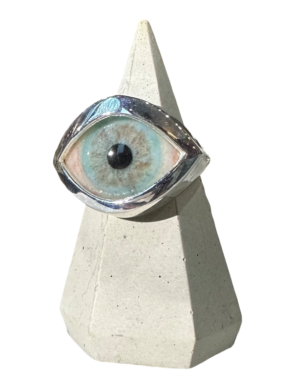 Hand Painted light blue gray Silver Eye Ring