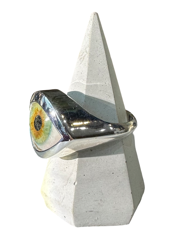 Hand Painted light green hazel Silver Eye Ring