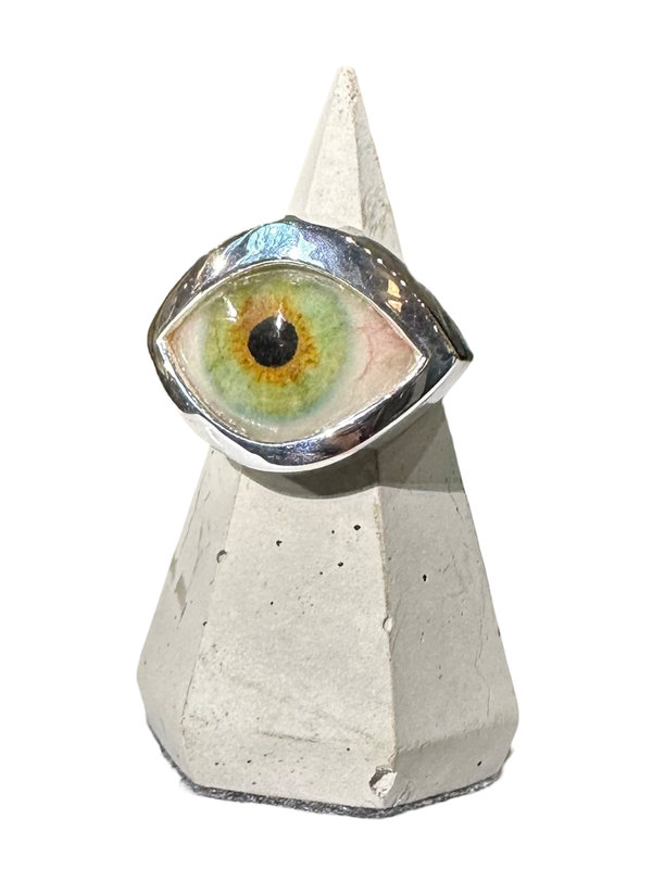 Hand Painted bright green Silver Eye Ring