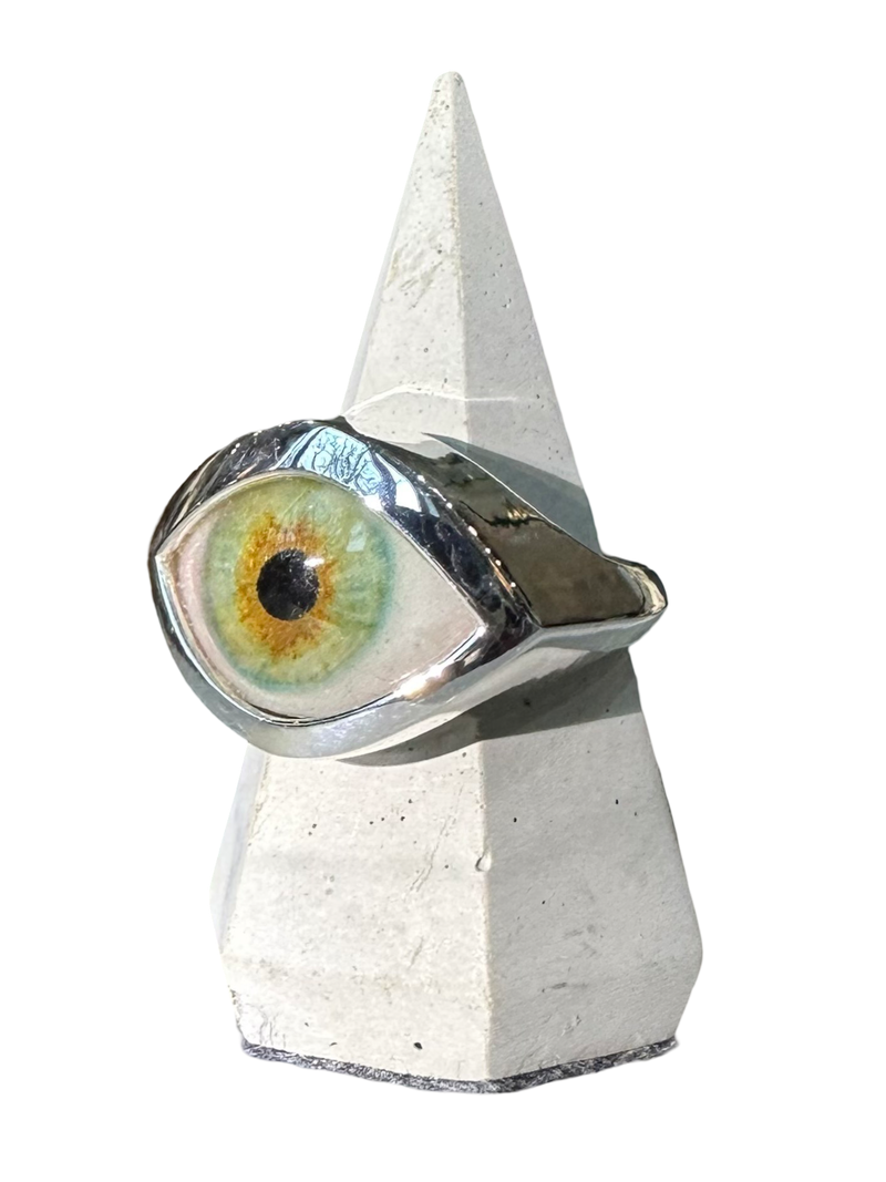 Hand Painted light green hazel Silver Eye Ring