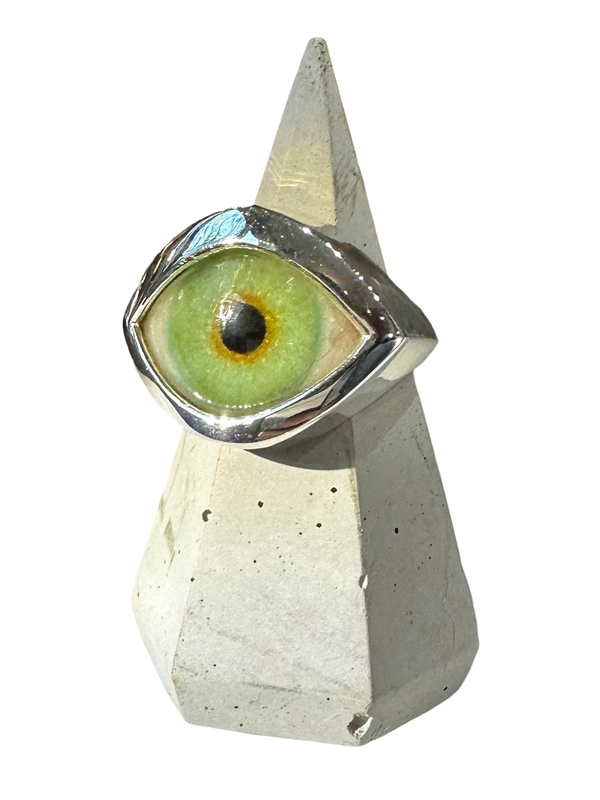 Hand Painted bright green Silver Eye Ring