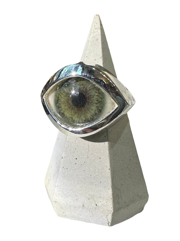 Hand Painted green gray Silver Eye Ring