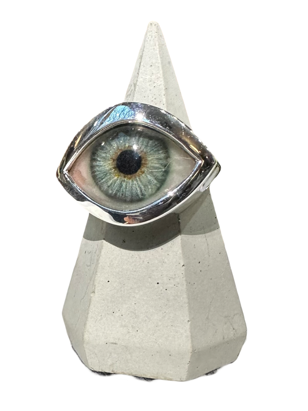 Hand Painted natural blue gray Silver Eye Ring