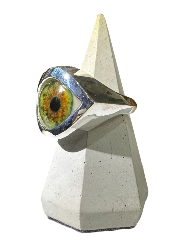 Hand Painted bright Green Silver Eye Ring