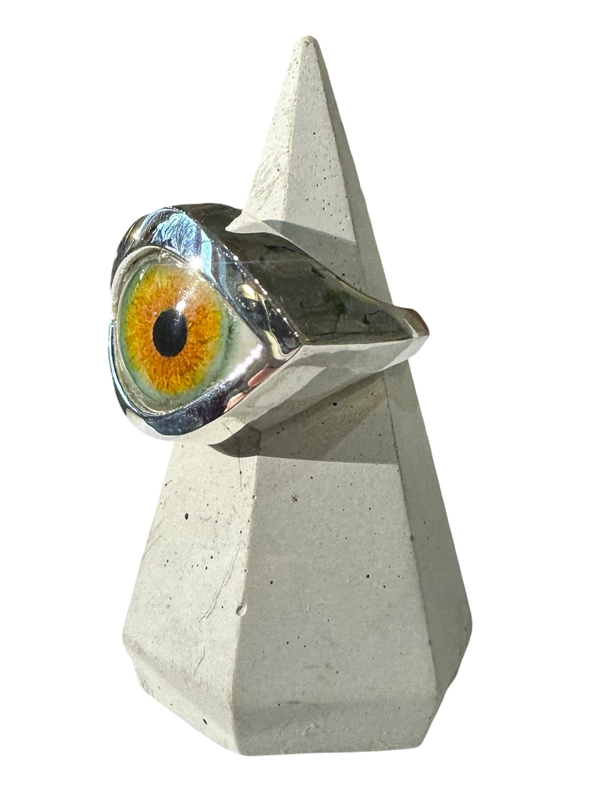 Hand Painted bright orange and green Silver Eye Ring