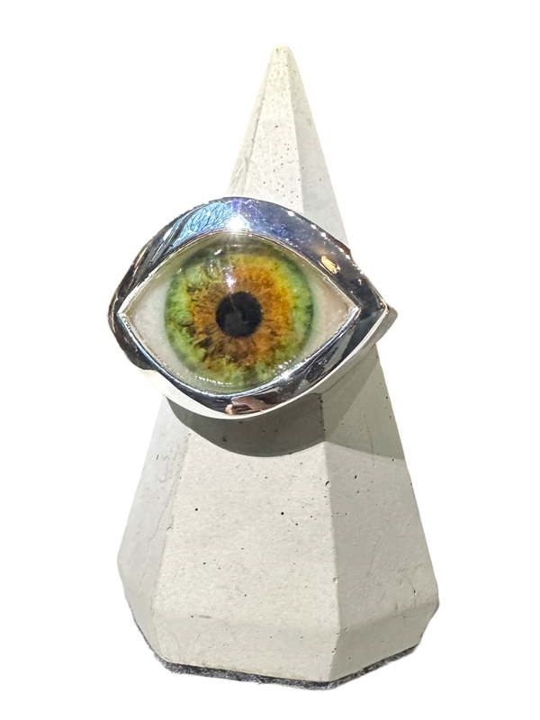 Hand Painted bright Green Silver Eye Ring