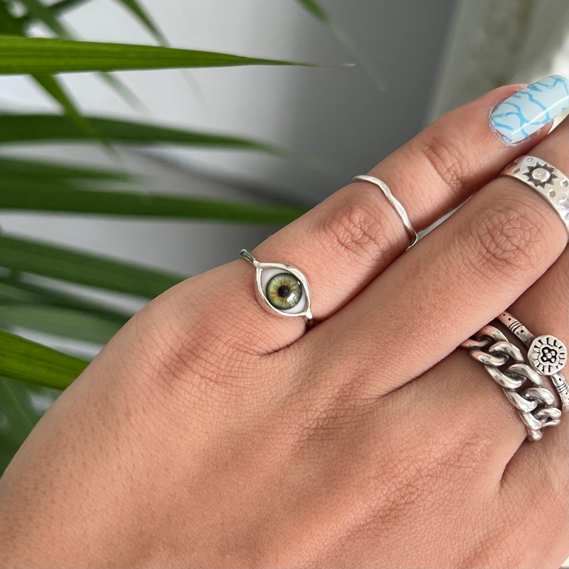 Green Silver Mini Eye Ring