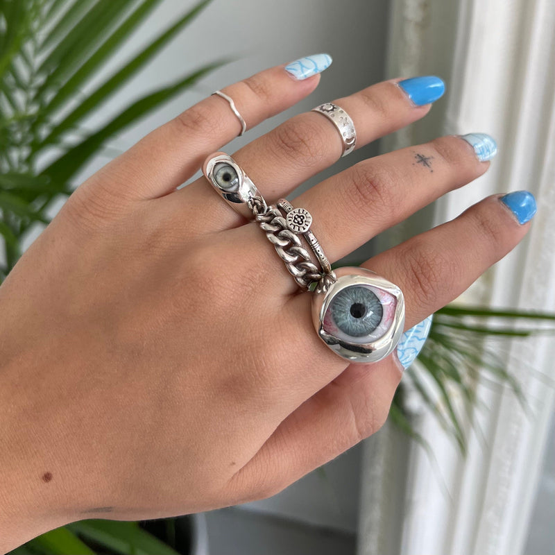 Hand Painted Bright Blue Silver King Eye Ring