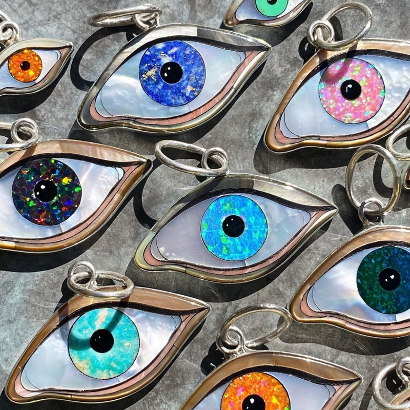 Silver Inlay Large Orange opal Protective Eye Pendant