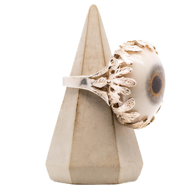 Hand Painted Dark Hazel Silver Leaf Eye Ring