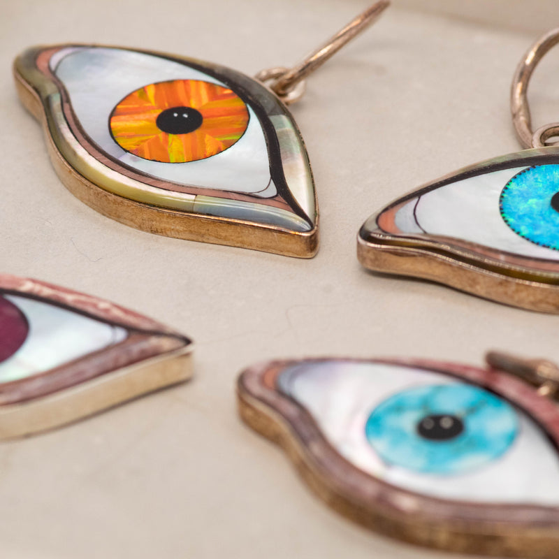 Silver Inlay Large Orange opal Protective Eye Pendant
